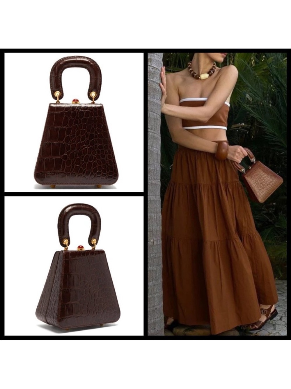 STAUD Kenny Bag Brown Crocodile Embossed Mini Handbag